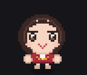 Amiao, a woman with a dark bob and a red blouse, cycling through the ten states as pixel-art animations.