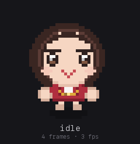 Amiao, a woman with a dark bob and a red blouse, cycling through the same ten states: swinging a pickaxe at a gold seam for working, eyes closed for sleeping, arms up for celebrate.