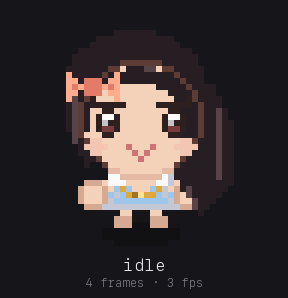 Peach, a girl with long dark hair and a white dress, cycling through the same ten states: at the laptop for working, arms up for celebrate, asleep with Z's for sleeping.